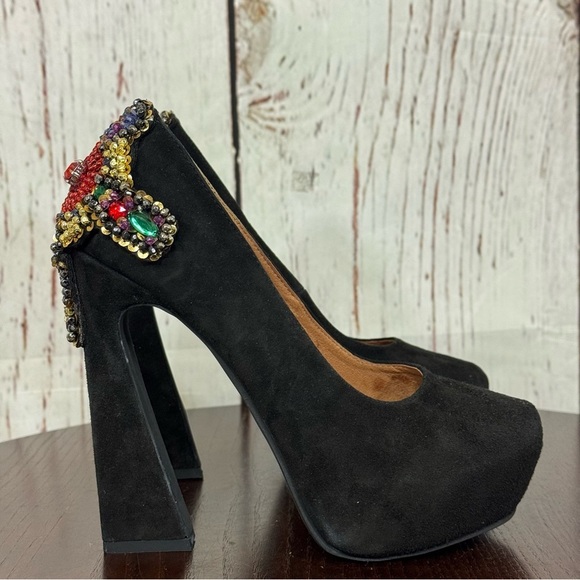 JEFFREY CAMPBELL EVA CROSS black suede platform pumps with sequins & Beads 6.5 - Picture 4 of 17